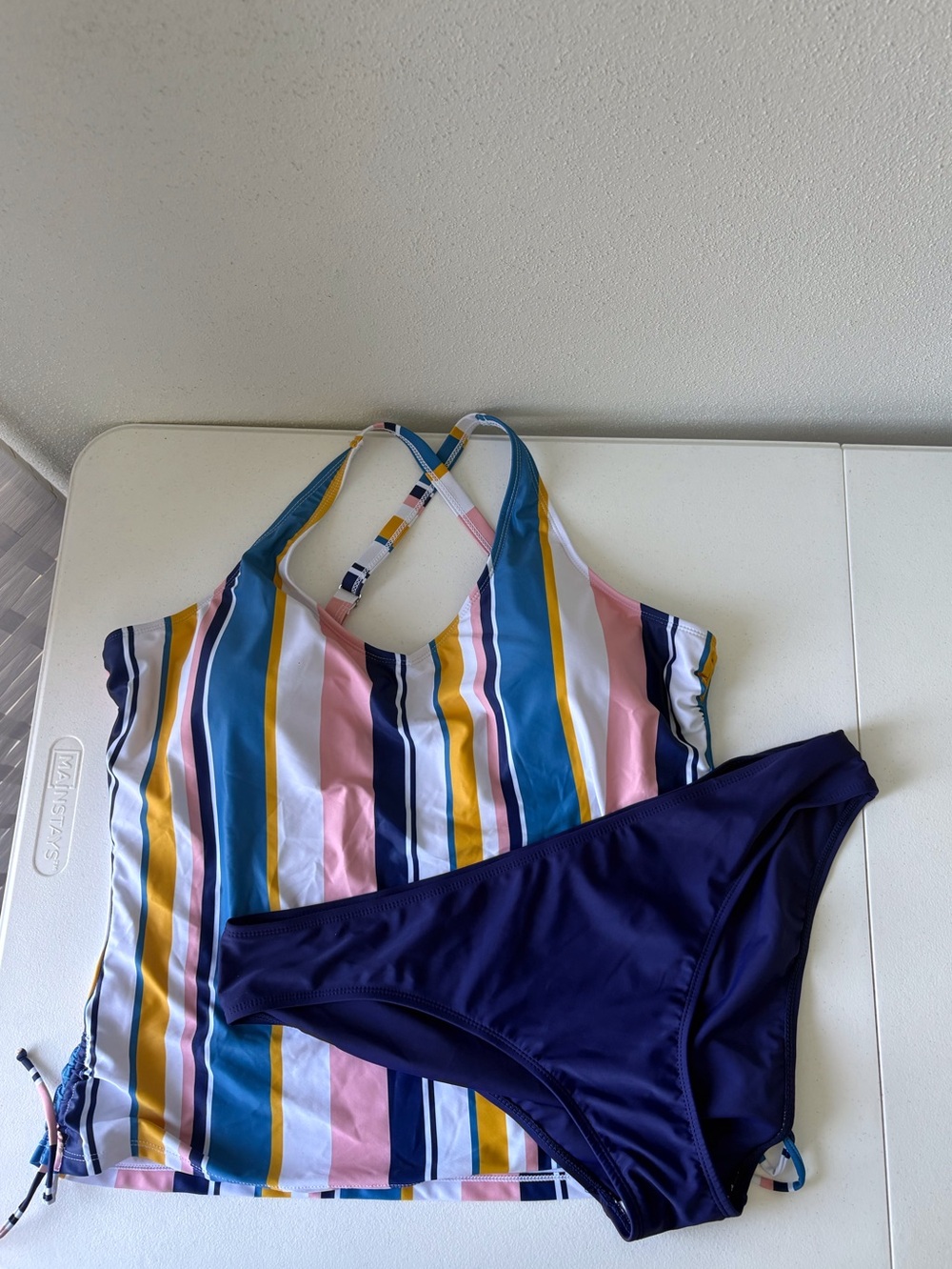 Tankini Size 2XL Stripe‎ Top Navy Blue Bottom Adjustable Straps Beach Pool Cruis